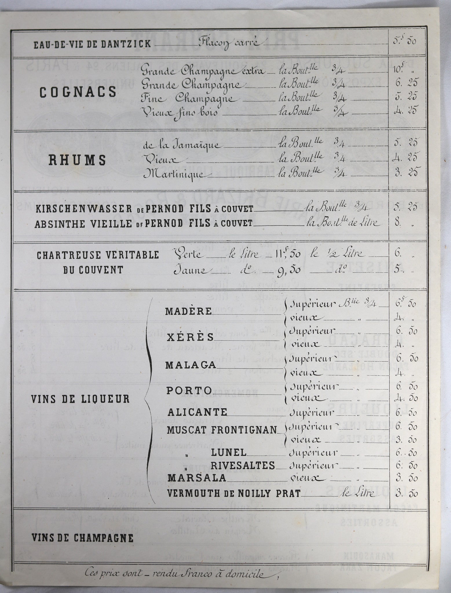 @1875 Marie Brizard & Roger Paris (vins & liqueur) Prix-Courant