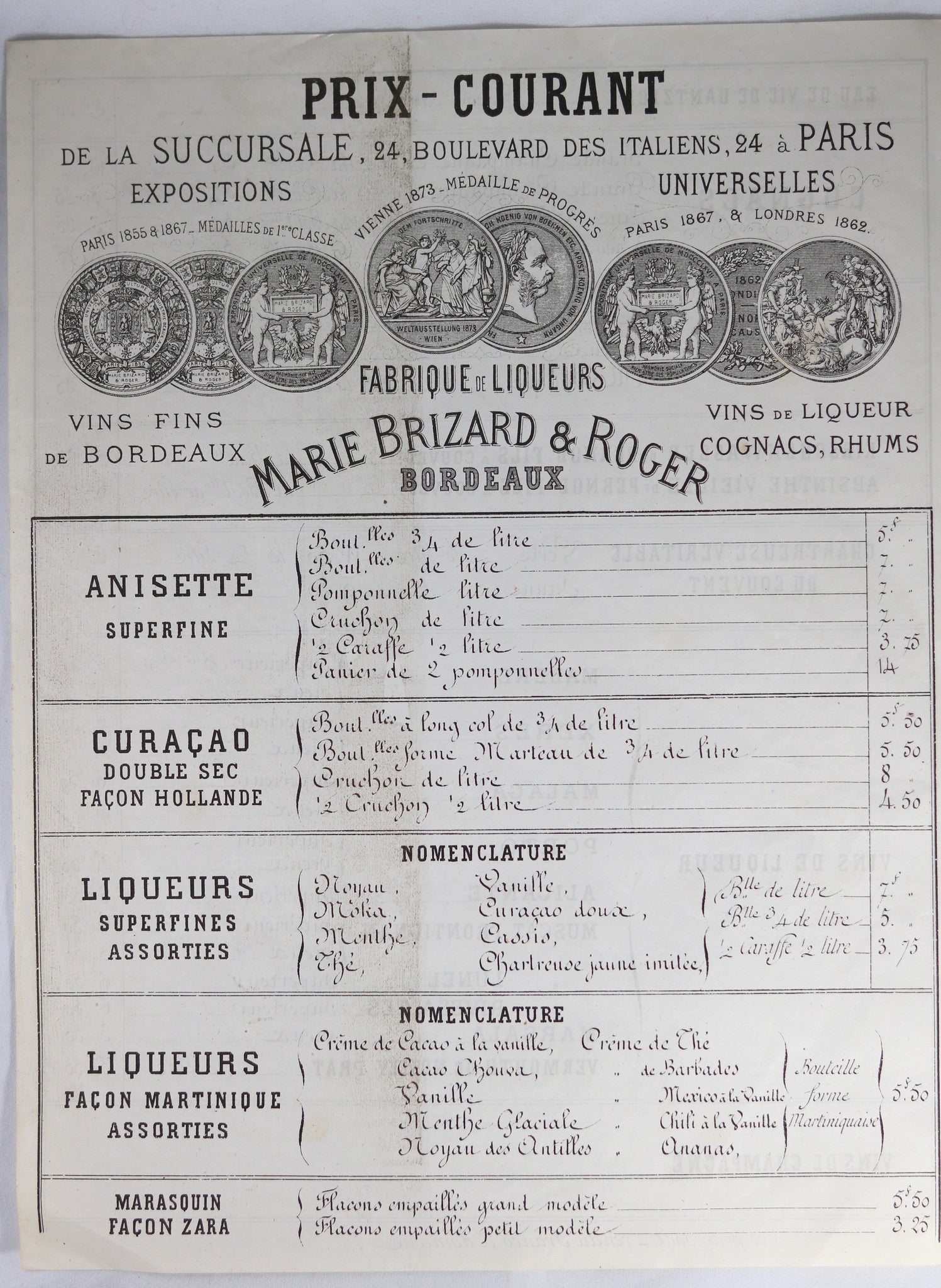 @1875 Marie Brizard & Roger Paris (vins & liqueur) Prix-Courant