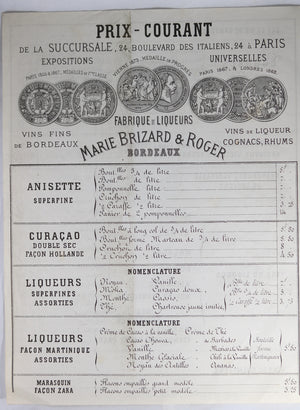 @1875 Marie Brizard & Roger Paris (vins & liqueur) Prix-Courant