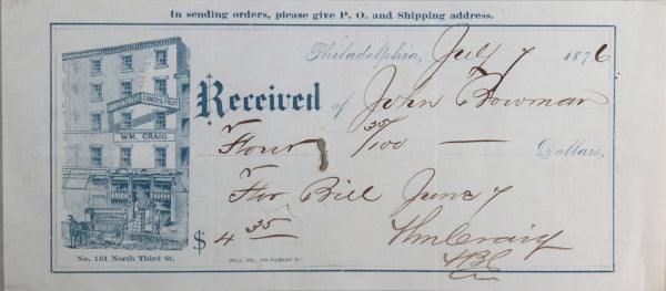 1876 Philadelphia illustrated receipt from WM. Craig Candy & Fruit