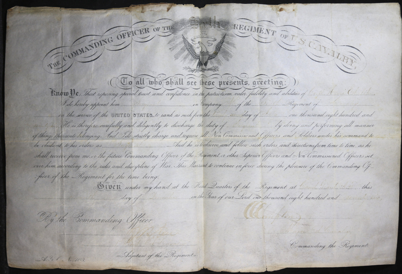 1876 promotion sergt. 6th Regiment US Cavalry Indian Wars (Arizona)