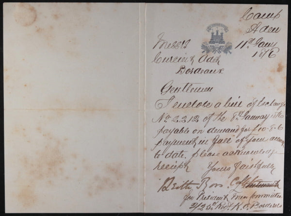 1876 payment for claret, 2nd Bat. King's Own Borderers Camp Aden
