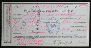 1877 Payment receipt for laborer on Sioux City & Pacific Railroad