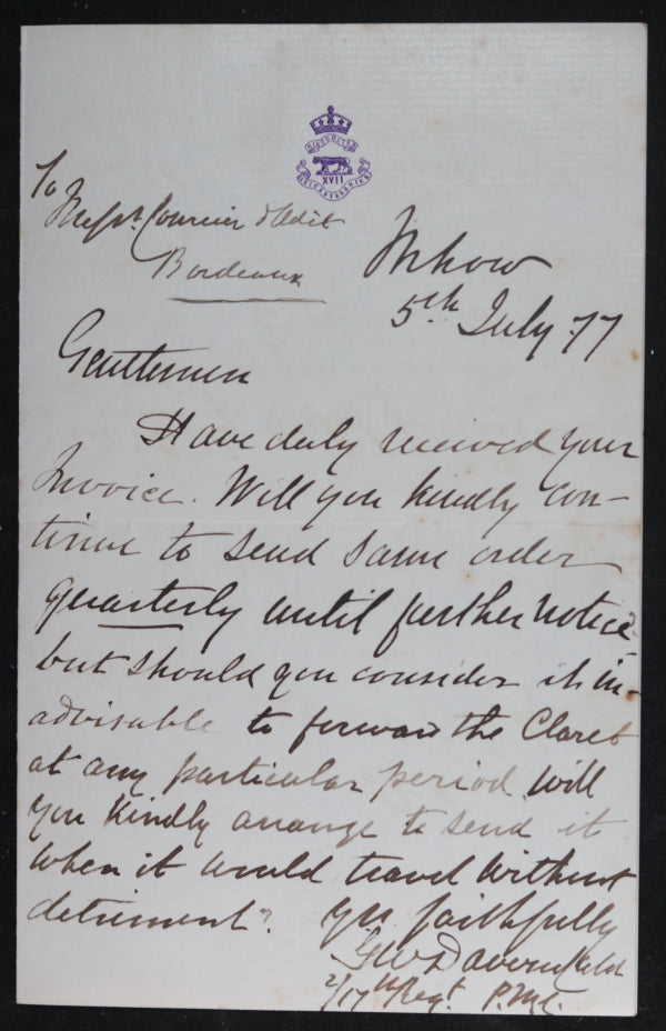 1877 two documents wine 2nd Battalion 17th Leicestershire Regt. India