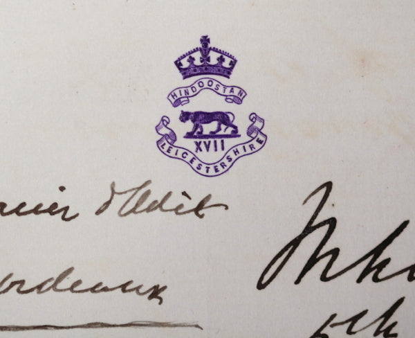 1877 two documents wine 2nd Battalion 17th Leicestershire Regt. India