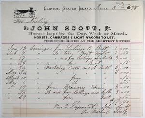 1878 Clifton Staten Island receipt for livery services Dr. Scott