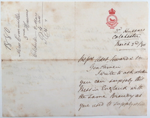 1880 Colchester UK brandy price Mess 3rd (The King's Own) Hussars