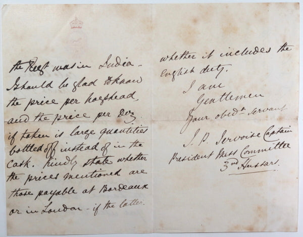 1880 Colchester UK brandy price Mess 3rd (The King's Own) Hussars