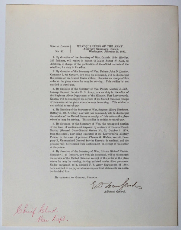 1880 Special Orders HQ of the Army signed by A-G Townsend