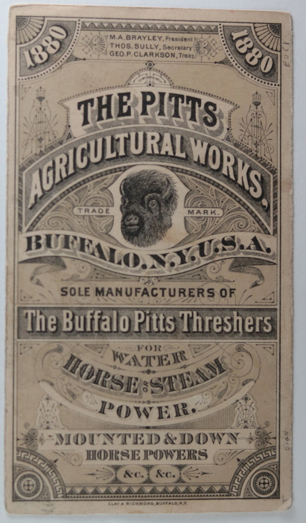 1880 USA Buffalo Pitts horse-drawn farming thresher large trade card