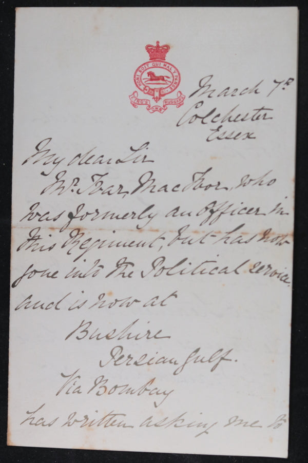 1881 Colchester UK 3rd Hussars wine order Political Agent Persian Gulf