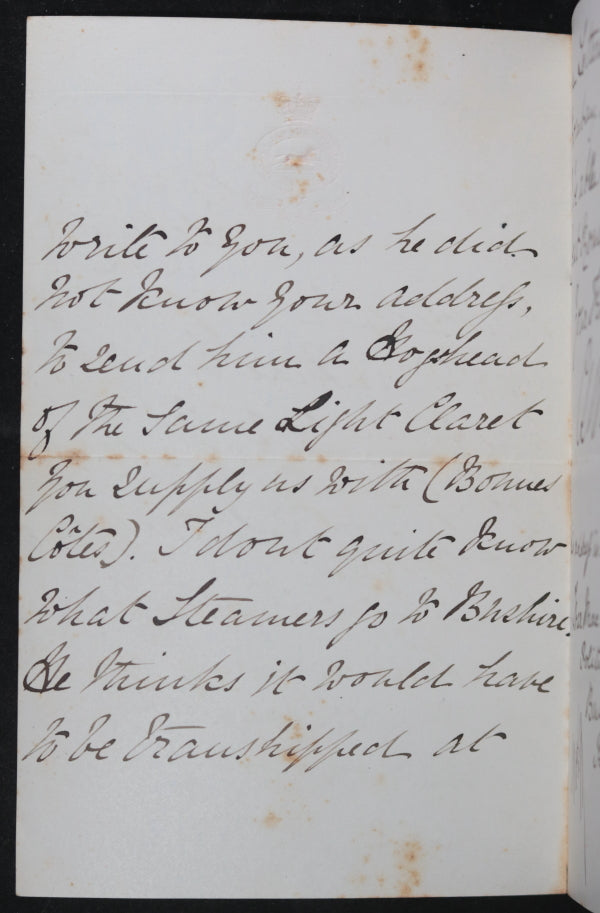 1881 Colchester UK 3rd Hussars wine order Political Agent Persian Gulf