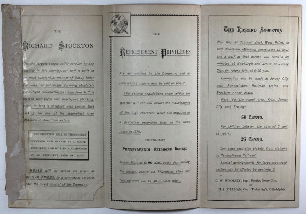1881 timetable and map for Steamer Richard Stockton, Hudson River NY