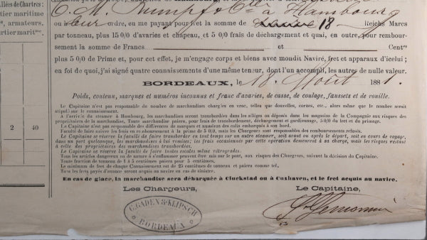 1881 connaissement maritime Bordeaux à Hambourg, transport de vin 1881 connaissement maritime Bordeaux à Hambourg, transport de vin