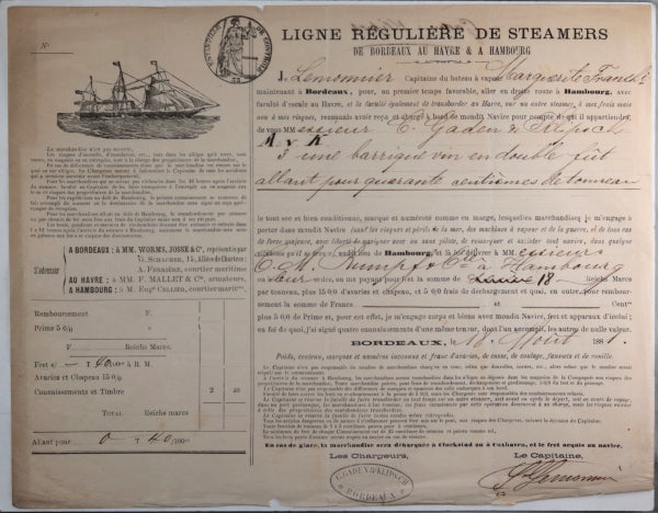 1881 connaissement maritime Bordeaux à Hambourg, transport de vin 1881 connaissement maritime Bordeaux à Hambourg, transport de vin