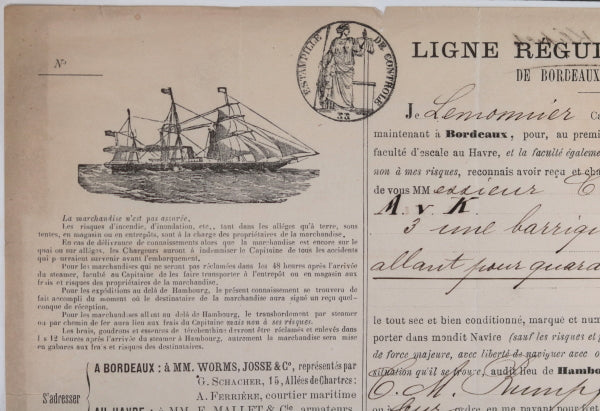 1881 connaissement maritime Bordeaux à Hambourg, transport de vin 1881 connaissement maritime Bordeaux à Hambourg, transport de vin