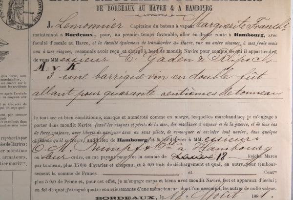 1881 connaissement maritime Bordeaux à Hambourg, transport de vin 1881 connaissement maritime Bordeaux à Hambourg, transport de vin
