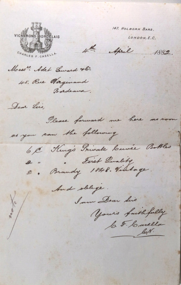 1882 London UK Vignerons Bordelais wine order to Bordeaux merchant