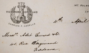 1882 London UK Vignerons Bordelais wine order to Bordeaux merchant