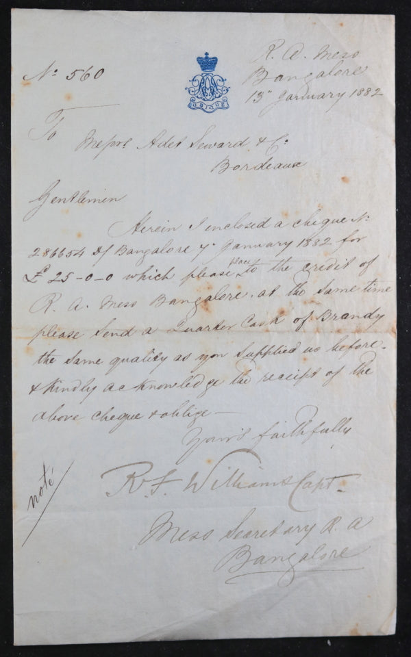 1882 claret order for Mess of Royal Artillery (UK), Bangalore India