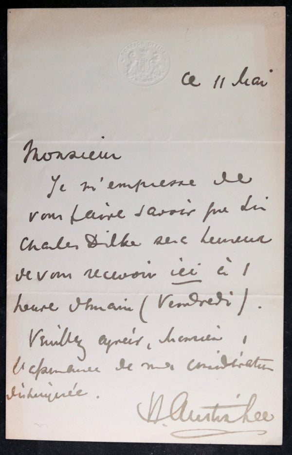 1882 letter meeting Sir Charles Dilke (Foreign Office) with French 