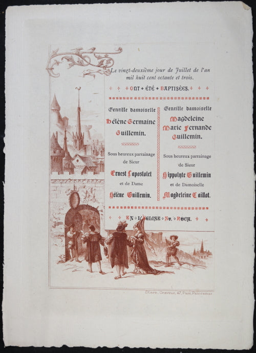 1883 annonce de baptême illustré, gravé par Stern (Paris)