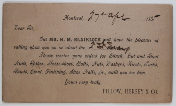 1885 postal card, a Pillow Hersey salesman to visit customer Quebec