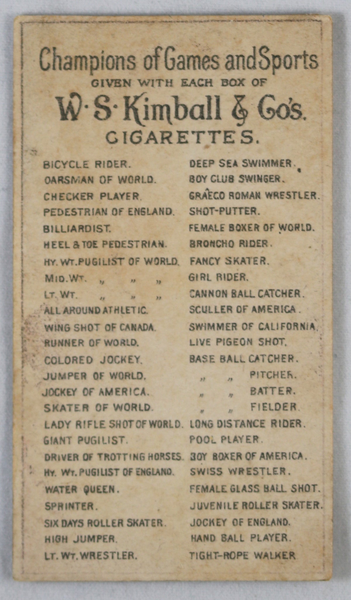 1887 W.H. Kimball Victorian cigarette card - Sports (Canada)