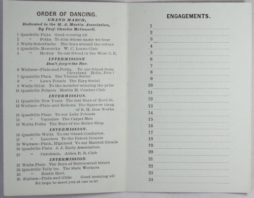 1887 dance card for Grand Reception Mænnerchor Hall (Philadelphia)