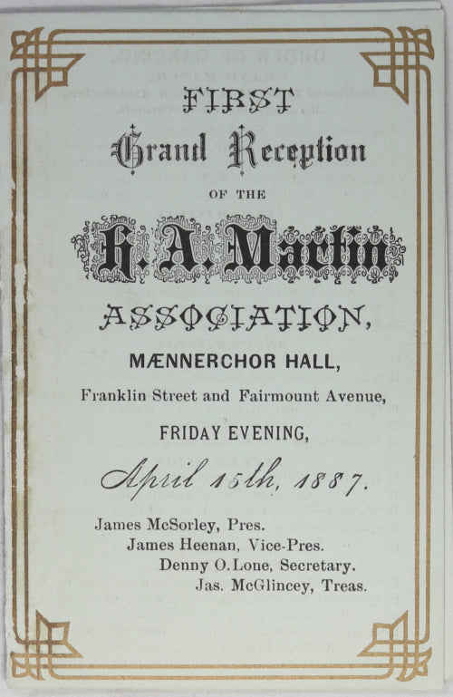 1887 dance card for Grand Reception Mænnerchor Hall (Philadelphia) 1887 dance card for Grand Reception Mænnerchor Hall (Philadelphia)