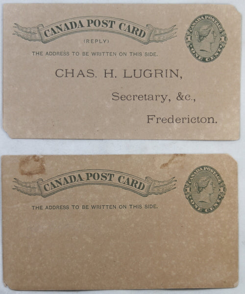 1888 two New Brunswick postal reply cards, registering horses with gvt. 1888 two New Brunswick postal reply cards, registering horses with gvt.
