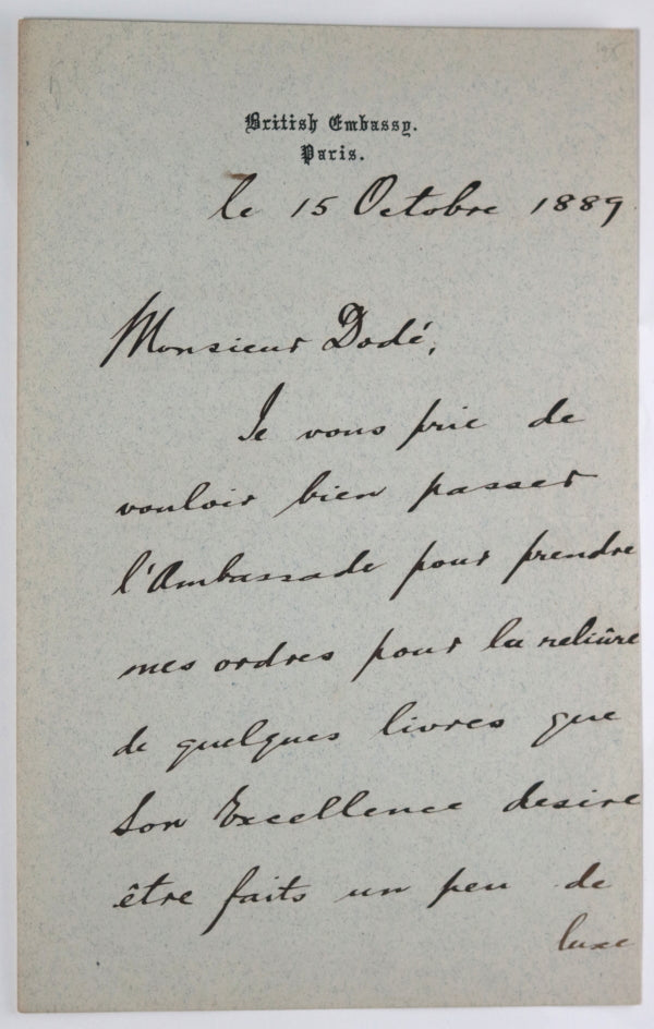 1889 Paris letter UK diplomat Austin Lee, bookbinding for Ambassador