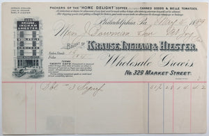 1889 Philadelphia PA grocer’s illustrated receipt for purchase of syrup