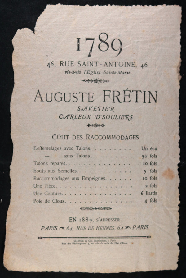 1889 feuille publicitaire Auguste Frétin Savatier, Paris