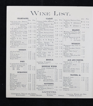 1890 Menu and Wine List for The Windsor – Montreal QC