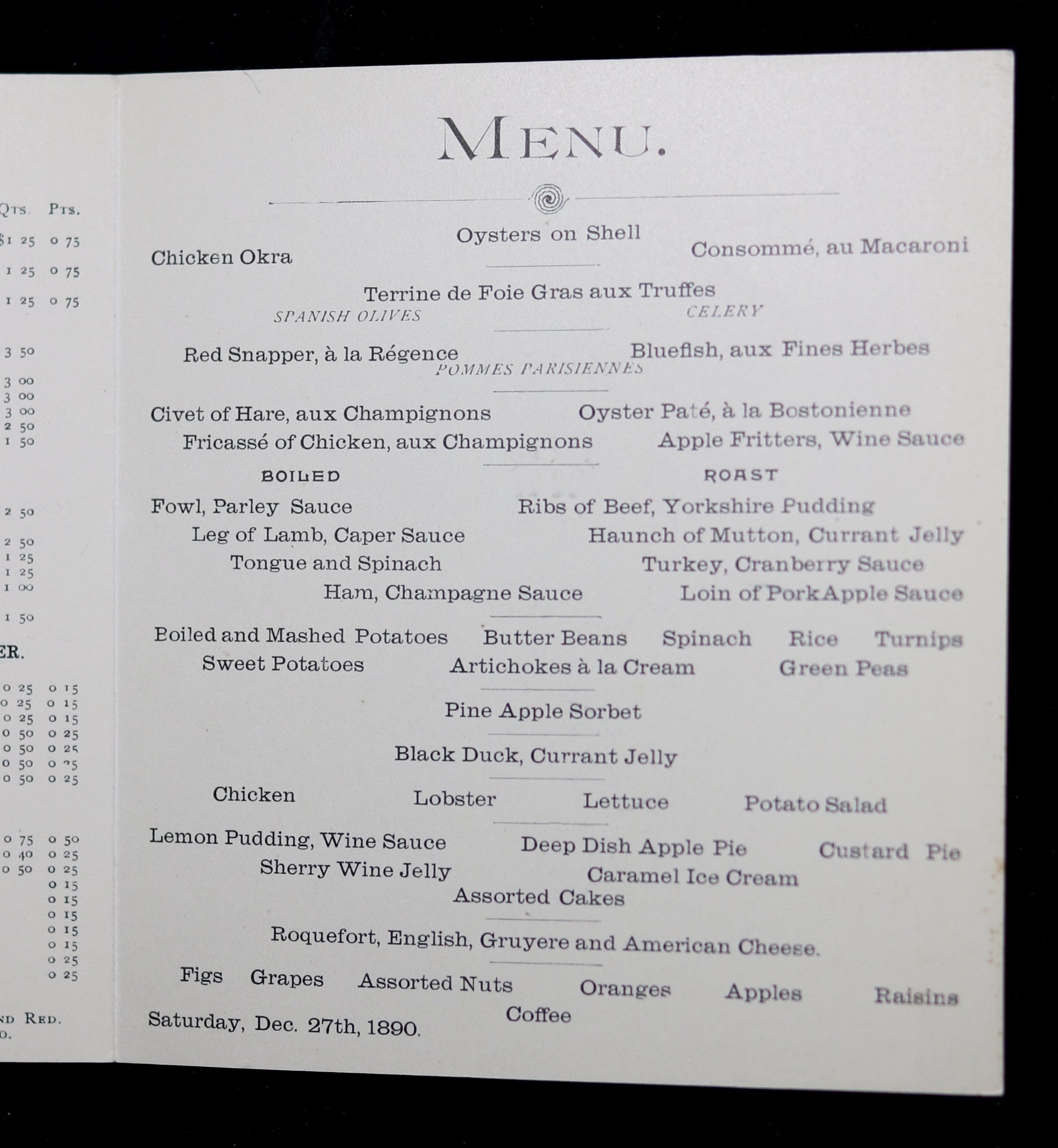 1890 Menu and Wine List for The Windsor Montreal QC Chadbourne Antiques Collectibles
