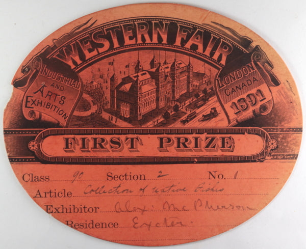 1891 London Ontario Western Fair, Winner of 1st Prize (Native Fishes)