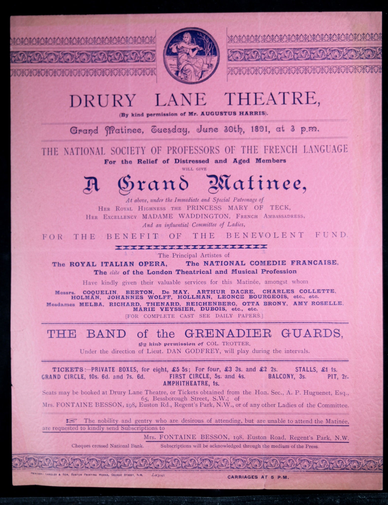 1891 Advertising flyer for fundraiser - Drury Lane Theatre London UK