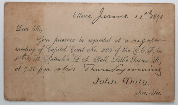 1891 Ottawa Canada, invitation to meeting Catholic Order of Foresters