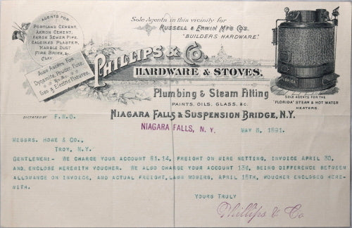 1891 commercial letter, Phillips Stoves Niagara Falls letterhead