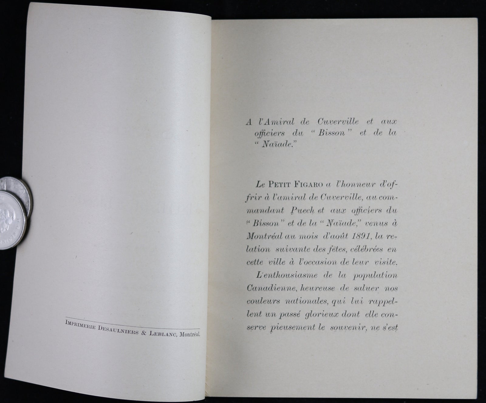 1891 plaquette souvenir de la visite de l'aviso français Le Bisson à Montréal