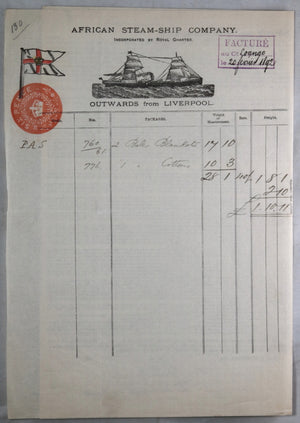 1892 Liverpool bill of lading, cotton and blankets to Loango Africa