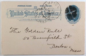 1892 USA postal reply card to The Golden Rule Boston MA