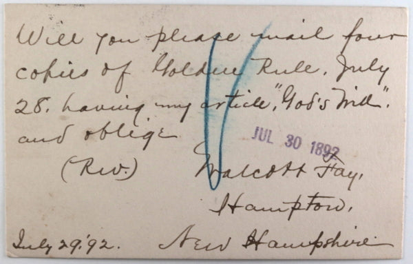 1892 USA postal reply card to The Golden Rule Boston MA