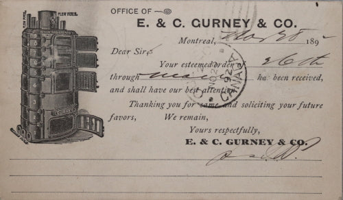 1892 advertising postal card for Gurney stoves Montreal Quebec