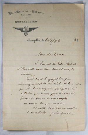 1892 lettre avec entête du Vélo-Club de l’Hérault