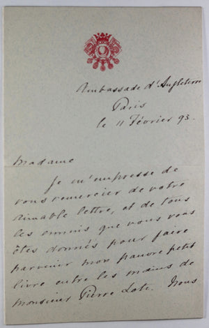 1893 Paris letter British Ambassador Marquess Dufferin, Pierre Loti