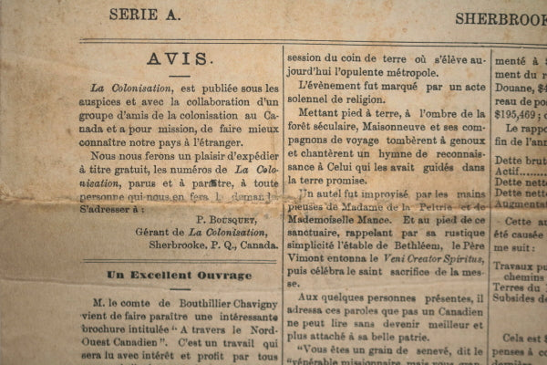 1893 Sherbrooke Québec journal ‘La Colonisation’