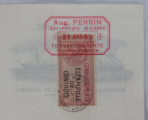 1893 Bill of lading shipment of Brandy - France to Charlottetown