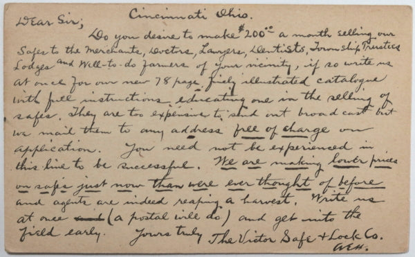 1894 Cincinnati OH, recruiting agents for selling Victor safes